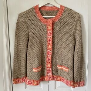 Crochet Linen blend Cardigan Granny Square Ombré Border Trim Craftcore Heirloom